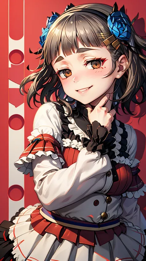 (((solo))), 1 woman, Sakuya Kurobane, sakuyaunif, kurobane_sakuya, (brown eyes), short hair, grey hair, black hairband, blue hair flower, red eyeliner, chest, blush, smile, (upper body), santa claus