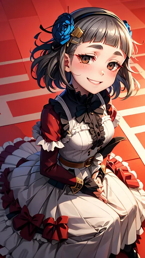 (((solo))), 1 woman, Sakuya Kurobane, sakuyaunif, kurobane_sakuya, (brown eyes), short hair, grey hair, black hairband, blue hair flower, red eyeliner, chest, blush, smile, (upper body), santa claus