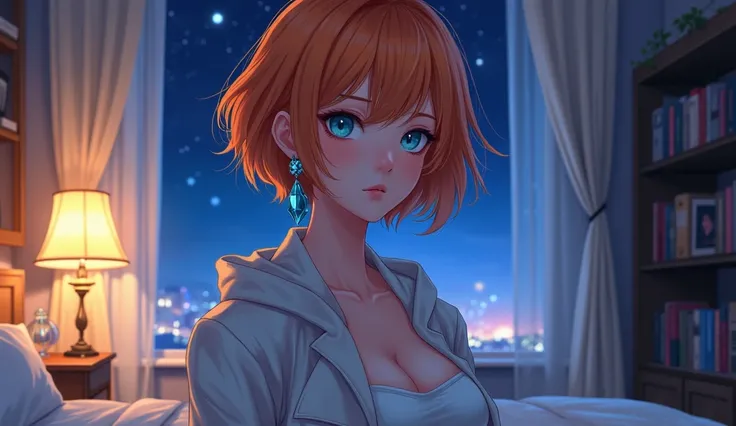 best quality, (masterpiece:1.2), illustration, absurdres, (1girl, solo), (beautiful detailed girl), ((upper body, portrait)),, Kaela MacMillan, short hair, orange hair, blue eyes, medium breasts, blue crystal earrings, white jacket, , cool, calm, looking a...