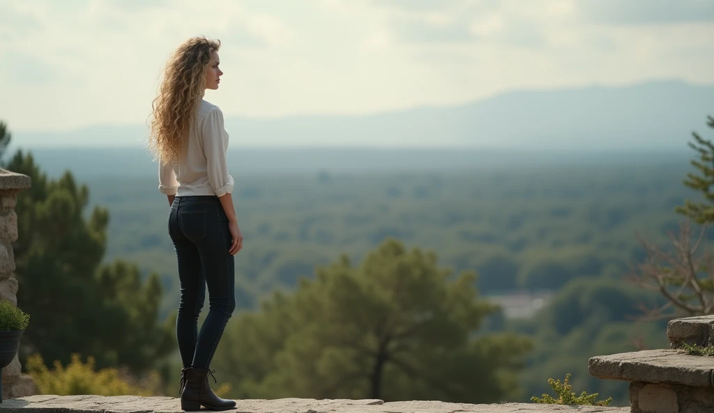 Kaia, beautiful woman, 21 years old, white skin, curly blonde hair, blue eyes, tight blouse, tight pants, ankle boots, is standing on the terrace of her house, looking at the horizon, she is in a melancholic pose