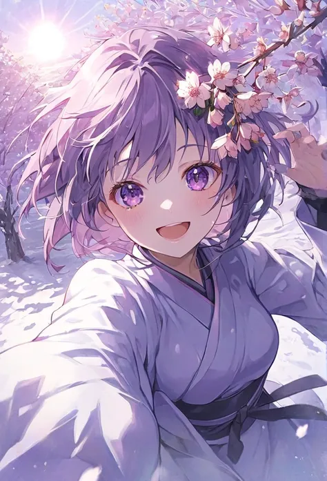 ((pastel))、action painting,from above, character focus, close to viewer, dynamic pose,Cinematic,Anime taste,The background is winter, one woman,Mauve Hair, purple eyes, one point of cherry blossoms on the head, best quality, smiles, sun,Character portrait