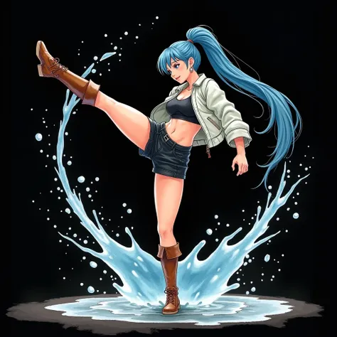  Long blue hair with a high knot ponytail fluttering softly
A young woman with a stylish body who excels at martial arts
Are you wearing brown long boots
Im wearing black leather shorts
Im wearing a sports bra
Im wearing a cropped jacket with an enamel fin...