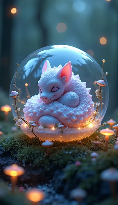 Here’s a similar idea with a unique twist:

A miniature dragon-like creature curled peacefully inside a crystalline orb, its semi-transparent body shimmering with hues of lavender and aqua, blending harmoniously with the surrounding dreamlike cascade of gl...