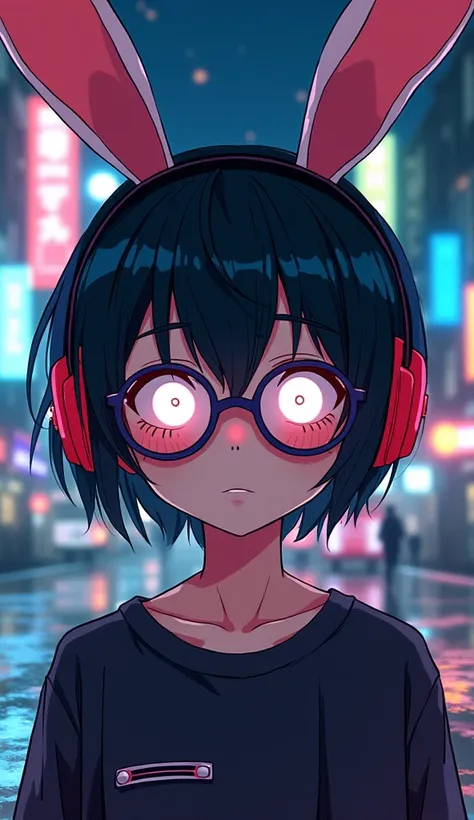 An boy anime, short hair, side swept bangs, bespectacled, headphones, hollow eyes, glowing eyes, rabbit ears, shy, blush, collage, cropped, first-person view, three sided view, f/1.2, 35mm, motion lines, halftone, anime, Pop art, UHD, 1080P, UHD