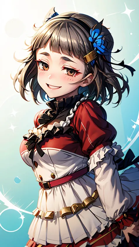 (((solo))), 1 woman, Sakuya Kurobane, sakuyaunif, kurobane_sakuya, (brown eyes), short hair, grey hair, black hairband, blue hair flower, red eyeliner, chest, blush, smile, (upper body), santa claus