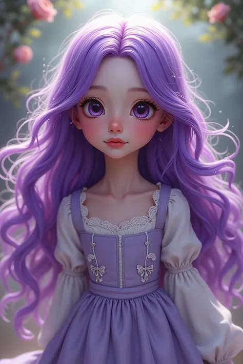 A girl with purple hairs wearing long frock