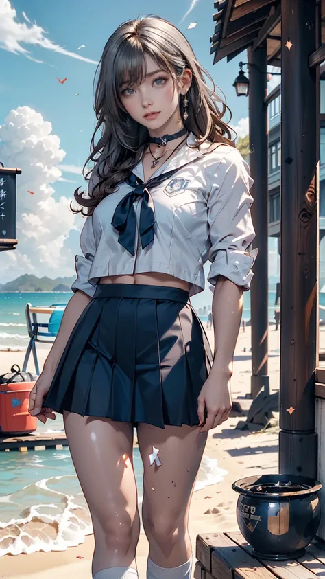 ((  Masterpiece )), (( best quality)), (( high definition )), (( Highly detailed CG Unity 8K wallpaper )), Alone,  Tachibana Kanade ,   tan school uniform with split hair,  micro mini black skirt ,  white socks , Outdoor, face, Curtain Hair,  beach , Hair ...