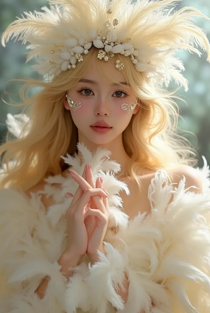 1 girl with long blonde hair wearing a feathered headdress and feathered dress, inspired by yanjun cheng, digital art, pixiv, fa...