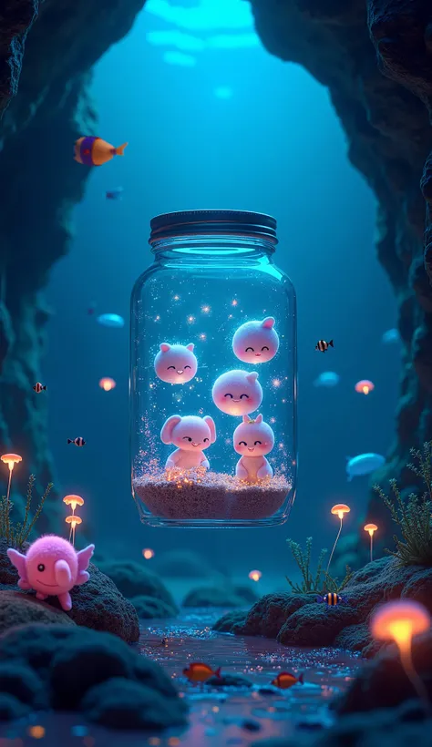 Underwater Bioluminescent World
"In an underwater bioluminescent cave, a hyper-realistic motion video shows a floating glass jar illuminated by glowing algae, containing five aquatic-inspired emotional characters, each shimmering with bioluminescent patter...