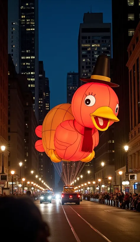 A vibrant but slightly dim view of a giant Thanksgiving Day Parade balloon floating down a city street at night, with dark skyscrapers in the background and glowing streetlights illuminating the scene.