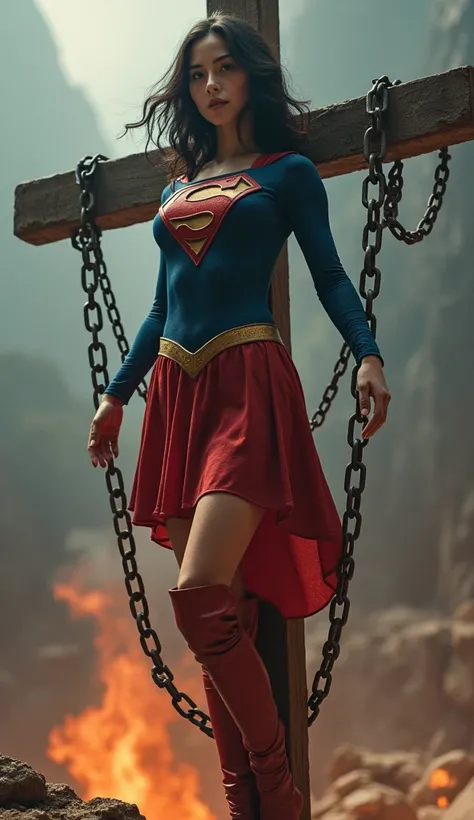 Cute Japanese、  supergirl 。  One leg raised 、 and、 her torso is tightly tightened with iron chains 、 live action  、( Supergirl is submerged in a pool of magma )、 review、  Masterpiece 、beautiful girls、beautiful Eyes、Narrow eyes、   目が     is exploding    、A ...