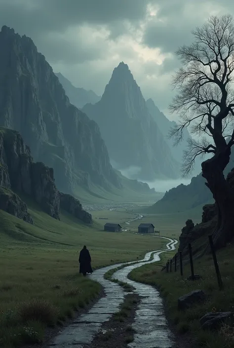 Create a road in medieval dark fantasy style with fields on the sides with low grass remove the mountains and the character 