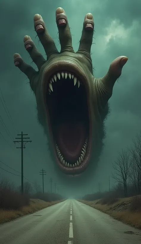 Create a image of a hand on big mouth looks like a horror I am very hilarious that is stand on the road 