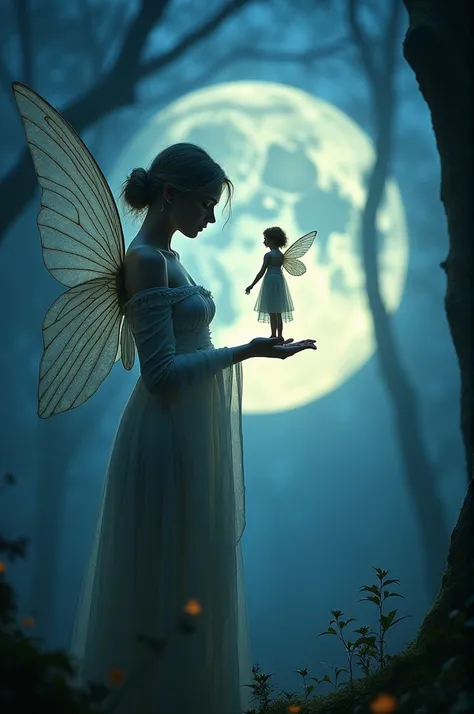 Setting : The image portrays a fantastical, dream-like scene set in a mystical forest at night.
- **Main Elements**:
  1. **Fairy-like Figure**: Positioned on the left side of the image.
  2. **Hand and Small Fairy**: A smaller fairy figure stands on the o...