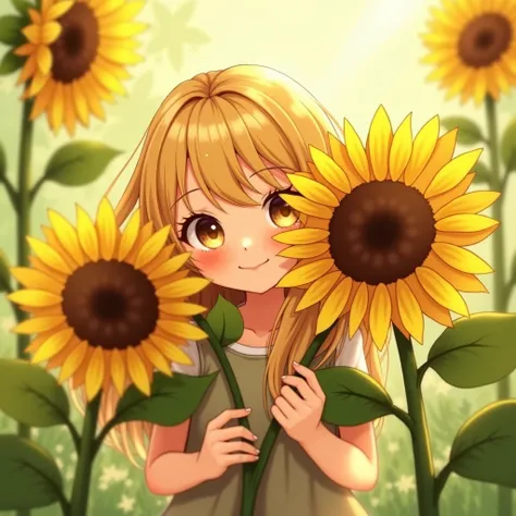 Blonde girl hiding her face with beautiful sunflowers 