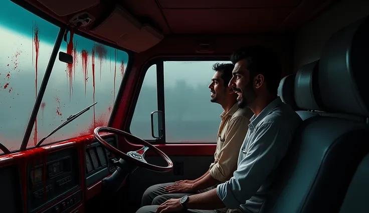 Blood begins dripping from the ceiling of the truck cabin, forming dark, crimson splatters on the dashboard and seats. The droplets fall steadily, leaving eerie stains as they trickle down. Ramesh and Suresh look up in horror, their faces illuminated by th...