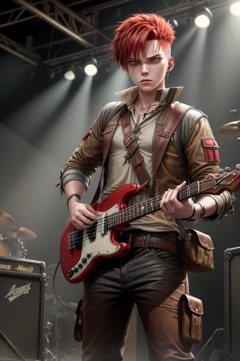 This scene, reminiscent of a stone-age punk rock bands performance, is designed in accordance with the 18th century technology of the Attack on Titan universe. In the middle is an 18-year-old young man with blood-red hair. He holds an old microphone in his...