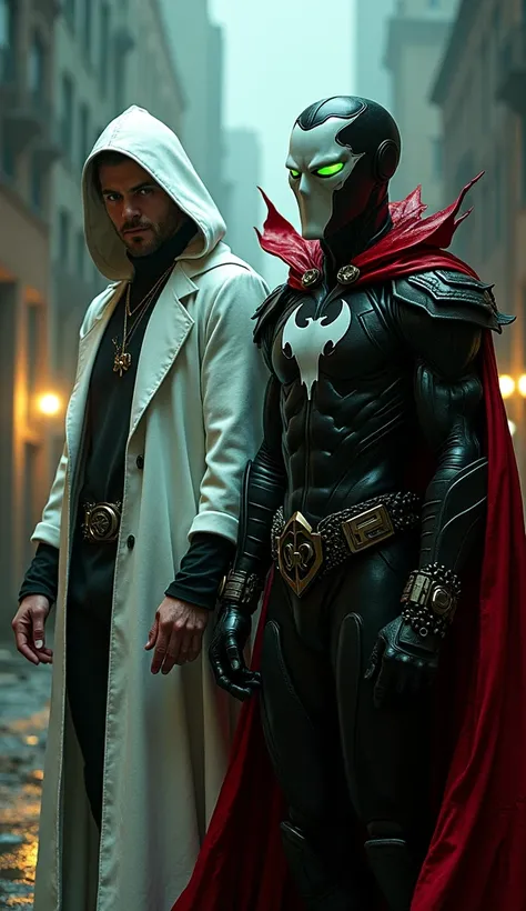 The image features Moon Knight and Spawn standing side by side in a dramatic, urban setting. Moon Knight, dressed in his iconic white cloak and hood, exudes an air of mystery and intensity, his silver crescent moon symbol prominently displayed on his chest...