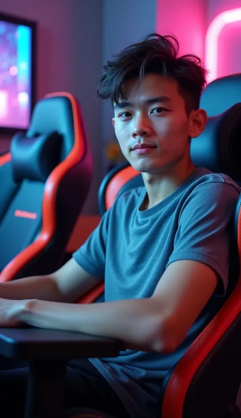 " A 17-year-old man sits in an ergonomic gamer chair ,  with a modern design and details in vibrant colors .  He has a relaxed posture , but alert,  while looking directly at the camera with a focused and confident expression. His hair is short and untidy ...