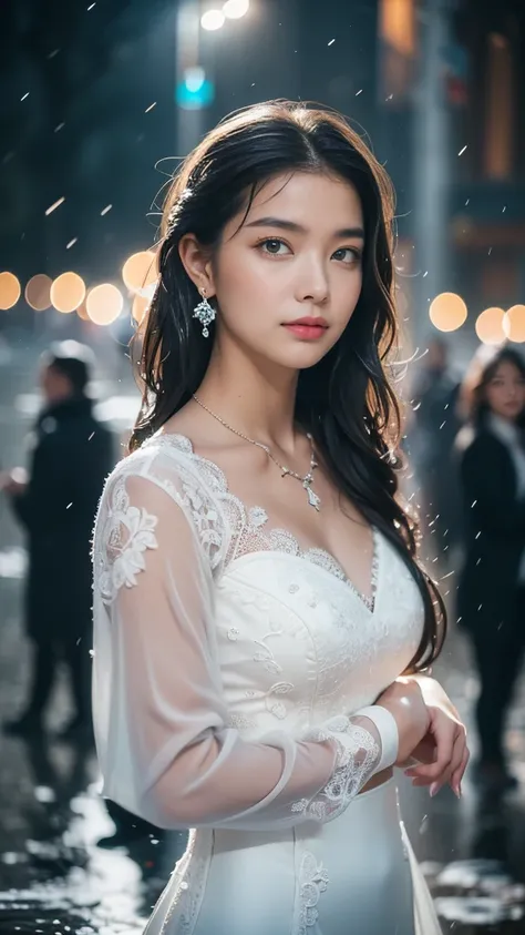 ( original shot ,  photo real :1.5, 【8k,  best quality, masterpiece,  ultra high resolution ), ((((heavy snow, Blizzard)))),  Highly delicate skin and facial texture :1.3,  perfect dynamic composition  :1.2, (At the front of a church on a modern city night...