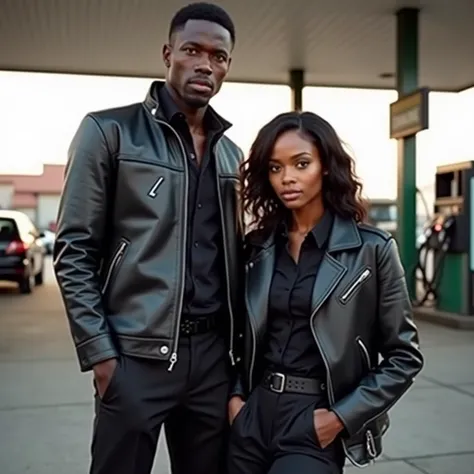 A dark-skinned Rwandan couple at a gas station, posing like models. The man is standing confidently, while the woman is sitting in a relaxed pose. Both are wearing matching sleek black leather jackets with a unique Z letter design on the collar. The jacket...