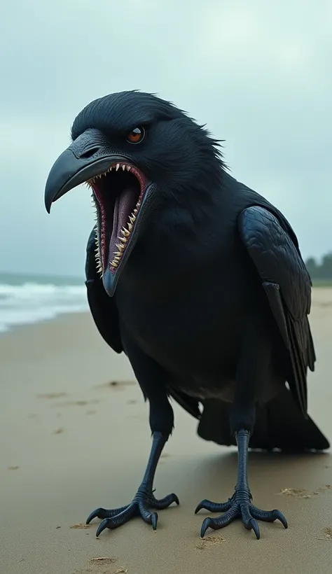 Create a image of a crow mouth looks like a horror I am very hilarious that is stand on the beach 