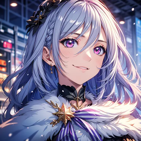 (  Masterpiece ,  best quality, beautiful、And aesthetic :1.3),  1 girl, Alone, 軽いsmile,  ( purple stripes on silver blue hair :1.4),   long hair,  wavy hair,  shiny black hair, Floating Hair, ( bright red eyes),  delicate eyes , Aqua Eyes,  ultra-detailed ...