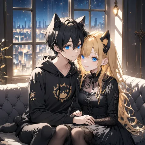 Create a scene of two anime-inspired characters cuddling. The first is a cheerful blonde-haired boy with cat ears, blue eyes, and a black hoodie with a paw-print design. The second is a gothic girl with black cat ears, long black hair, amber eyes, and a go...