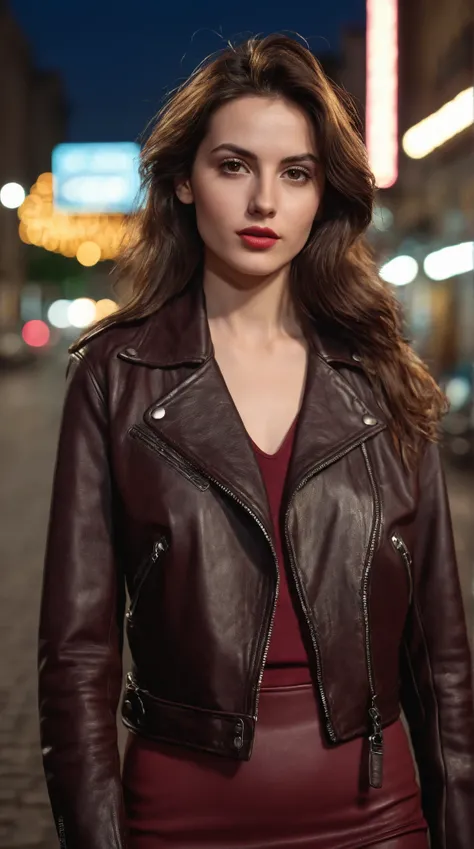 Pale yet fair skinned Romanian girl with long shoulder-length brunette hair, slightly longer oblong heart-shaped oval face, defined angular jaw and slim lanky hourglass figure dressed in a tight burgundy dress under a black high-end vintage biker-style cow...