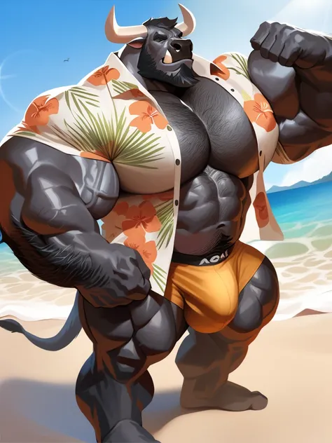 2boys, duo, bara bull, black fur, very large pecs, strong physique, bulge, shorts, hawaiian shirt, open shirt, beach, very muscular, perfect anatomy, masterpiece, black beard, strong jaw, giant biceps, hairy pectorals, solo, great lighting, semi realistic,...