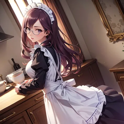 (hyper realistic ), ( high definition ), (8k), ( very detailed), ( beautiful attention to detail ), (  best quality ), ( very detailed), (  Masterpiece ), ( wallpaper), ( detailed face ), Alone, ( dynamic pose), 1 person, White wavy haired maid girl in the...