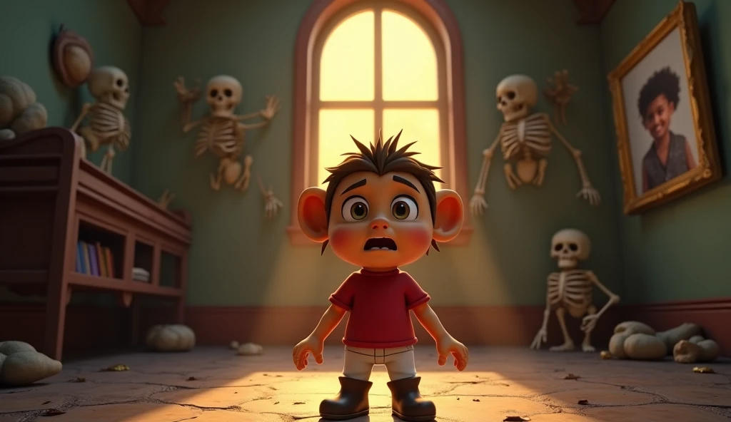 "A dramatic 3D-style scene inside an eerie, old, abandoned mansion. In the center of the scene, a cute baby lion cub (Sheru), wearing a red T-shirt, white jeans, boots, and with funky, long hair, is standing shocked, looking left with wide-open eyes. His f...