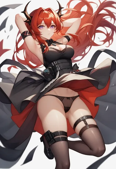 (masterpiece), best quality, expressive eyes, perfect face,1girl, solo, surtr_(arknights), underwear, long_hair, panties, dress, thighhighs, red_hair, black_dress, black_panties, breasts, horns, looking_at_viewer, armpits, white_background, black_thighhigh...