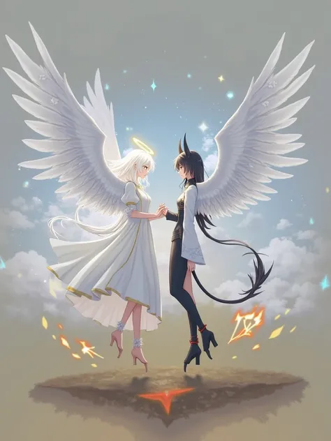 An anime illustration of two female characters representing an angel and a demon. The angel has flowing, glowing white hair, a golden halo, and large feathery wings, wearing an elegant robe with celestial patterns. The demon has long black hair, sharp horn...