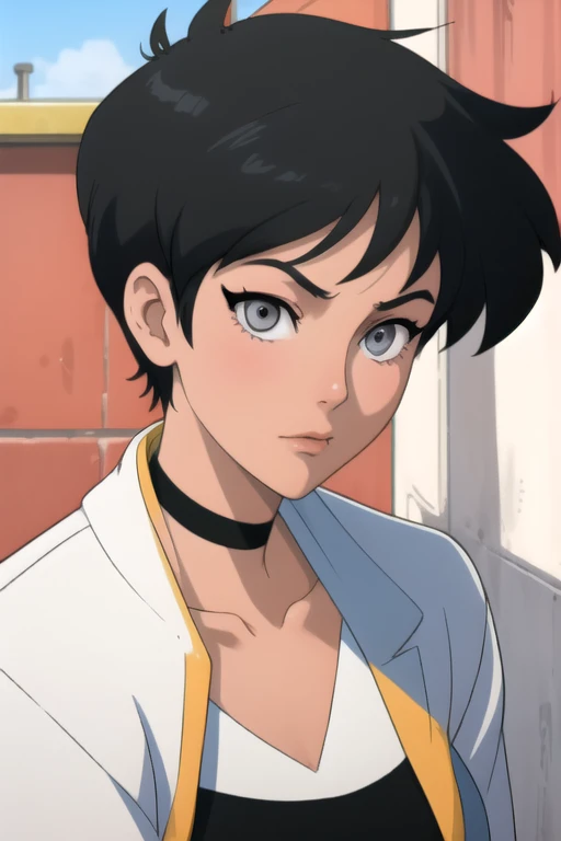 Ranma-chan. very short hair. choker. Grey eyes. black hair. All white tight shirt. a photo of a face in the vicinity. 
