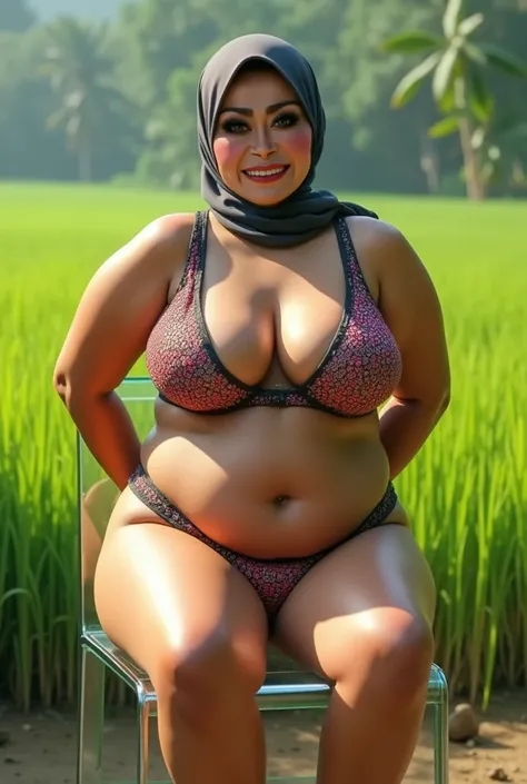 Chubby, Tetek besar melayut, (Shiny Breasts:3.24), Skinny hijab skinny hijab skinny hijab skinny hijab, (photorealistic:1.6) Indonesian hijab skinny dry aunty wear bra and (mini tiny tights Hotpants),  Green background rice paddy. daytime atmosphere, dont ...