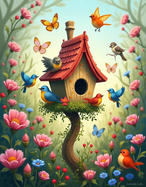 painting of a birdhouse with birds and flowers in the foreground, birds and butterflies, whimsical art, butterflies and birds, beautiful art, illustration, spring morning, beautiful artistic representation, spring, birds in cherry tree, mystical birds, flo...