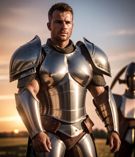 realistic, highly detailed, intricate details, detailed background, depth of field, face portrait shot of a (south african man:1.2), (medieval full armor:1.2), shiny metal reflections, upper body, outdoors, open field, intense sunlight, far away castle, pr...