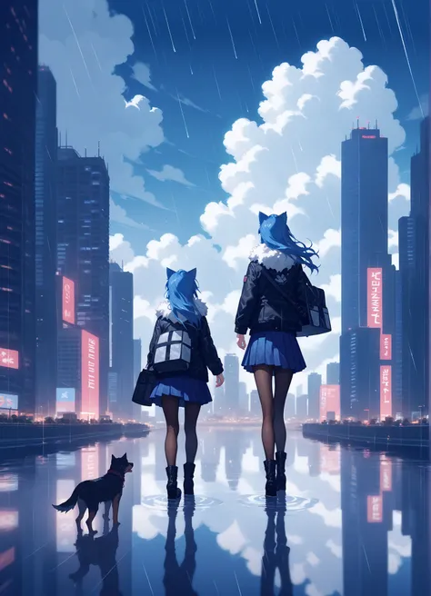 score_9,score_8_up,score_7_up,1girl,animal ears,cloud,outdoors,sky,long hair,scenery,cloudy sky,building,rain,skirt,solo,bag,cityscape,boots,reflection,city,standing,from behind,dog,pantyhose,skyline,facing away,tail,long sleeves,blue theme,water,skyscrape...