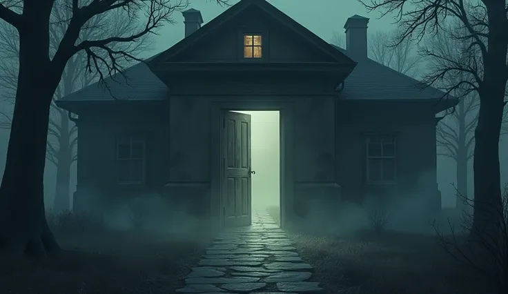 The Open Door to the Mansion: "The door of an old mansion slightly ajar, creaking in the cold wind. A dim light emanates from within, and the surrounding area is shrouded in mist and eerie silence. Animated 