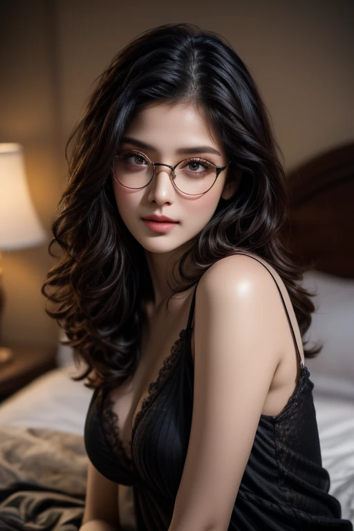 In a dimly lit bedroom, a stunning portrait of a indian beauty with dark bobbed hair and glasses dominates the frame. She sits comfortably on a plush bed, sweat glistening on her skin as she gazes directly at the viewer. The ultra-high resolution 8K camera...