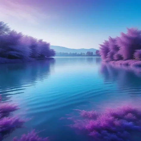   close-up of a blue and purple gradation lake，Swans are swimming in the lake ,Texture, Rich changes in color , Tranquility, Landscape depiction, 8k