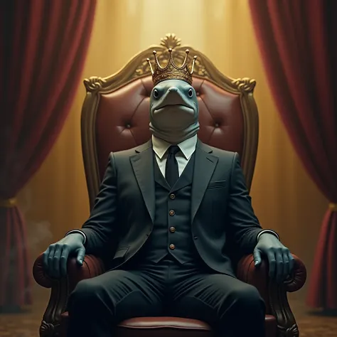 A sinister shark HD  ,  dolphin sitting on a royal throne chair ,  wearing a suit,  a golden crown on the head golden fog smoke ,  curtains behind the chair , Intricate details,  photorealistic ,  cinematographic lighting , magic, 8k,  high resolution ,  b...