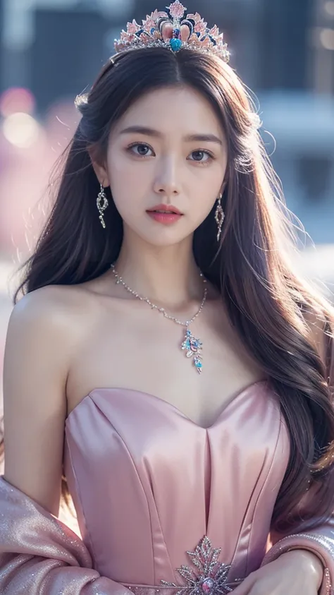 There was a woman in a pink dress，Wearing a necklace,((a beautiful fantasy empress).inspired by Sim Sa-jeong，Azure.detailed hairs,winter princess,LCE Princess,Guvez-Steville artwork,8K)),fantasy aesthetic!.Guviz,Ice Queen,8k high-quality detailed art.