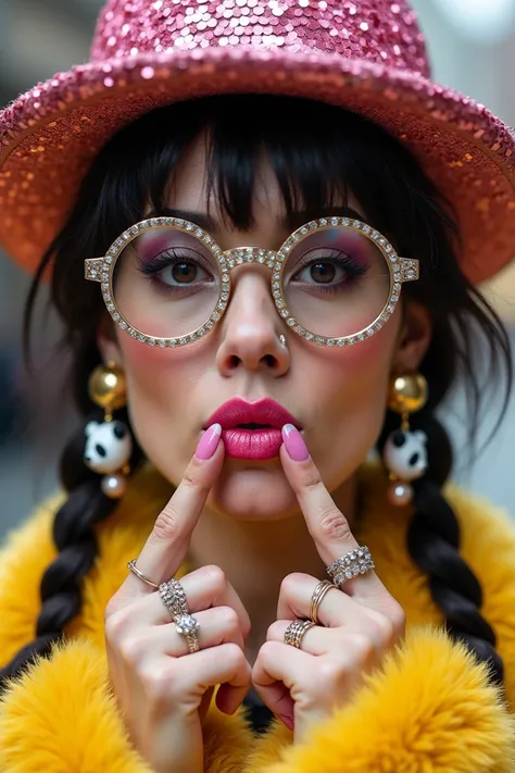 Close-up of a person wearing a hat with pink sequins and shiny glasses and round colored glasses She wears her index fingers close to her mouth, Put your lips as if you were going to kiss painted with pink glitter , on her fingers she wears rings she wears...