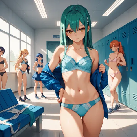 high quality, anatomically correct, masterpiece, 6 girls, beautiful faces, various hair colors, various eye colors, extremely flat chested, inside a highschool locker room, clothing on the ground, dressed in a bra and panties, unaware of observation, undre...