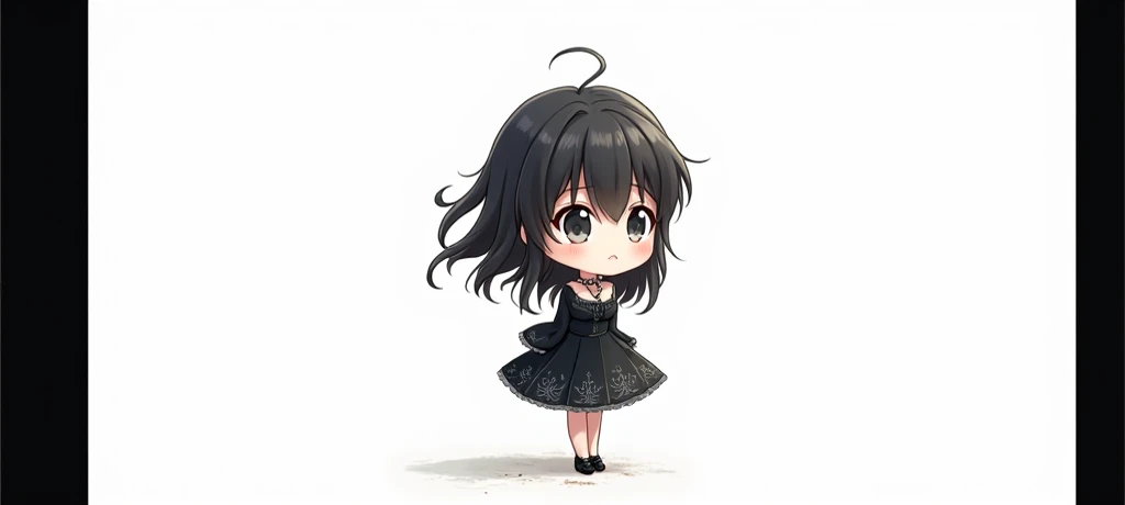  Anime style  ,  black dress with very long sleeves , Arms are bent at the elbows ,  Black hair  ,  Anime style , cartoon style  