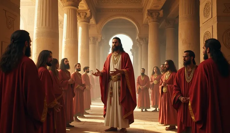 King Solomon, nearly 3000 years ago, is in a temple with priests and advisors, discussing plans for future generations. His expression is determined, as he teaches the value of living with purpose and integrity, passing on wisdom that will endure long afte...