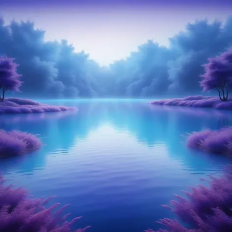  Blue and purple gradation lake ， depicts swans swimming in the lake in the center of the screen,Texture, Rich changes in color , Tranquility, Landscape depiction, 8k