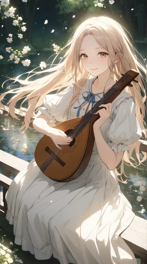 1 girl, (cute face), 18 years old, (long hair), (smiling), medium breasts, (wearing fantasy bard attire), (knee-length dress), (porcelain skin), (playing a lute), BREAK  
Old stone bridge, calm river, (sitting on the railing:1.2), surrounded by blooming fl...